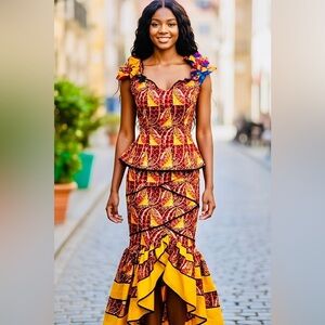 Women’s African Yellow Red Brown Ethnic 2-Piece Long Skirt & Top Set S